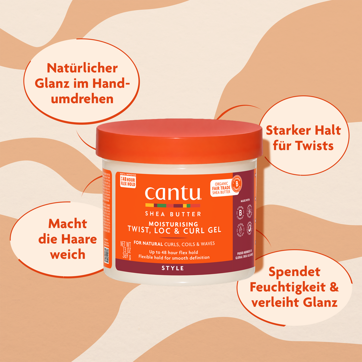 Cantu Moisturizing Twist & Lock auf gemustertem Grund und Schrift in ovalen Kreisen