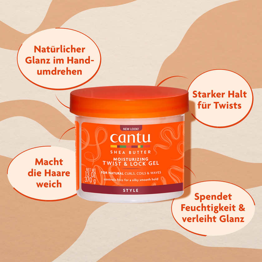 Cantu Moisturizing Twist & Lock und Schrift in ovalen Kreisen auf gemustertem Grund