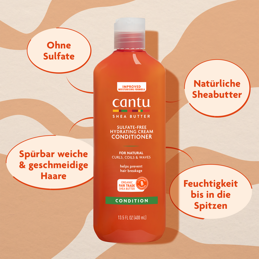 Cantu Sulfate Free Hydrating Cream Conditioner und Schrift in ovalen Kreisen auf gemustertem Grund