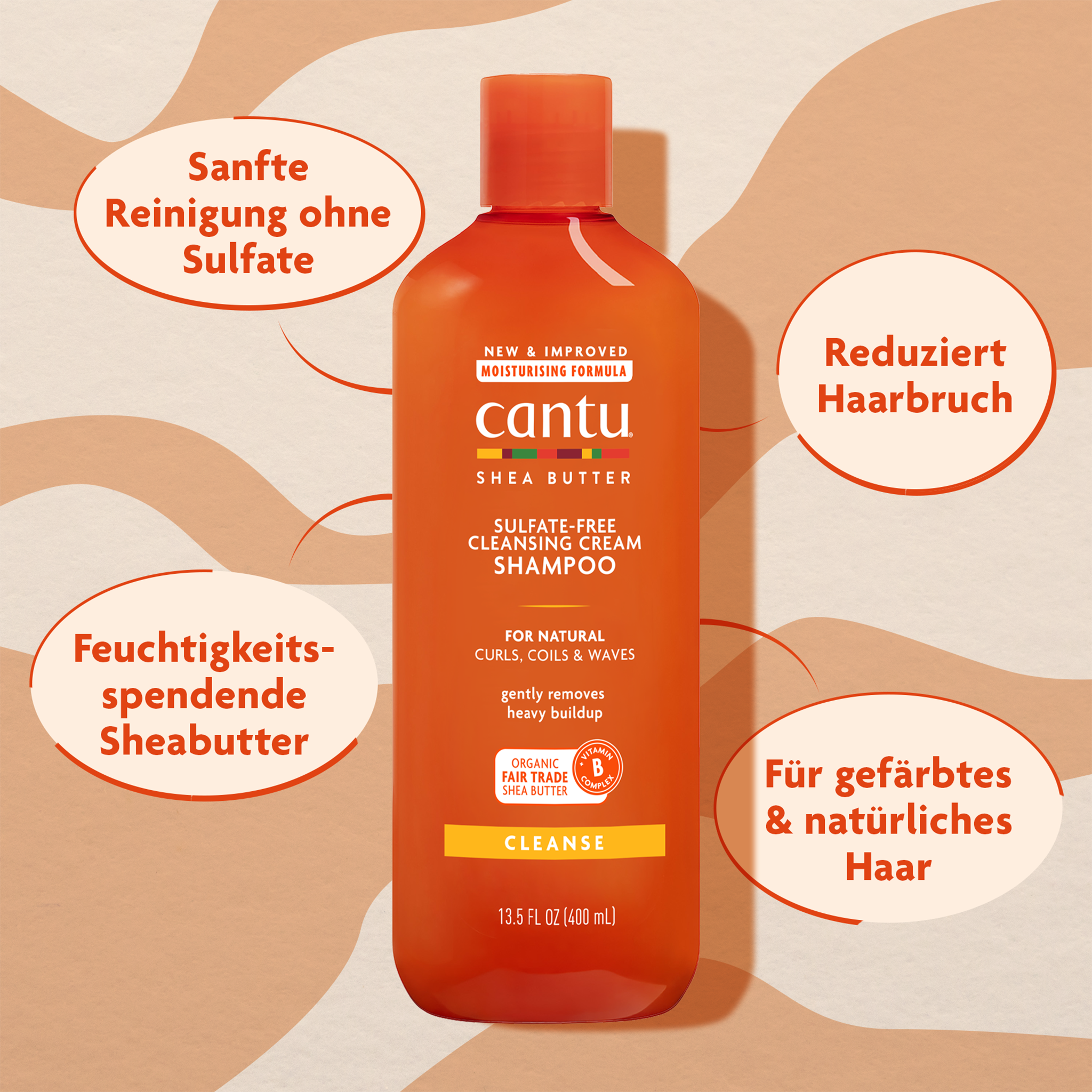 Cantu Sulfate Free Hydrating Cream Conditioner und Schrift in ovalen Kreisen auf gemustertem Grund