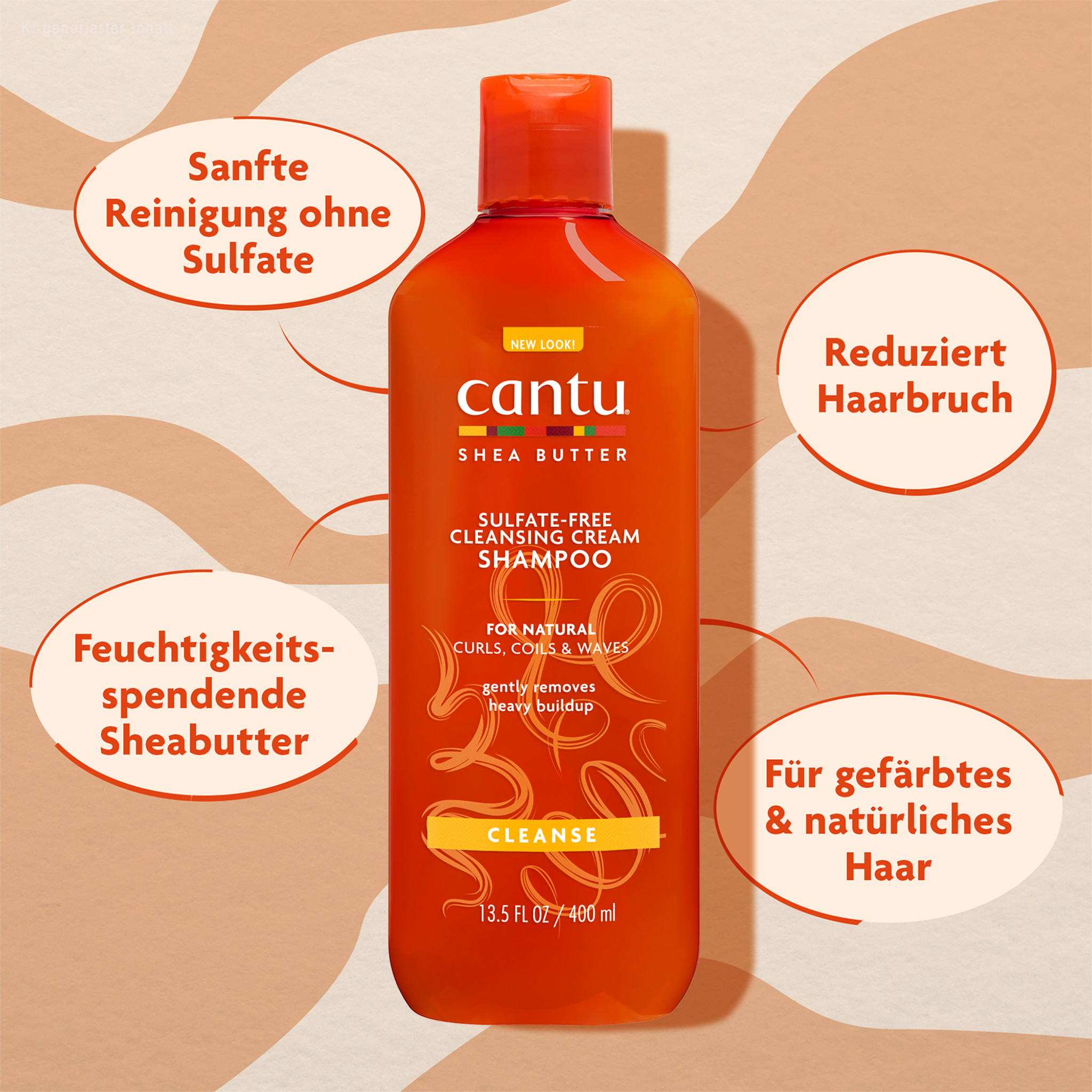 Cantu Sulfate Free Hydrating Cream Conditioner und Schrift in ovalen Kreisen auf gemustertem Grund