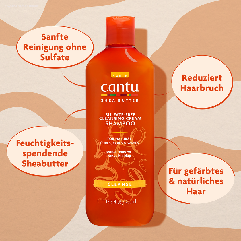 Cantu Sulfate Free Hydrating Cream Conditioner und Schrift in ovalen Kreisen auf gemustertem Grund