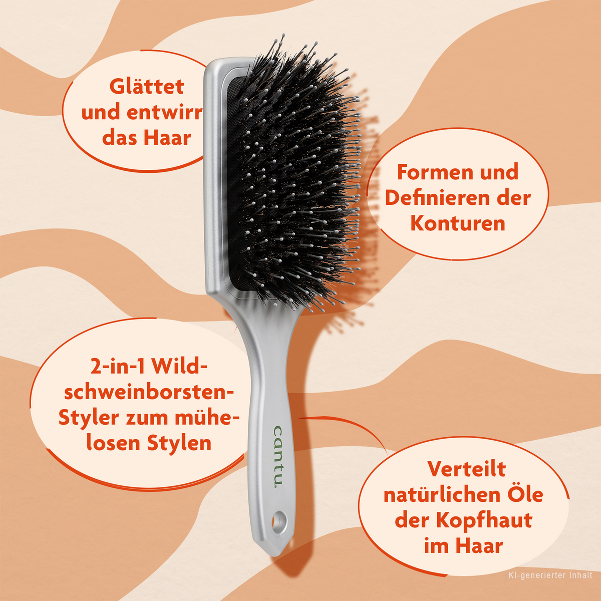 Cantu Thick Hair Longer Bristle Brush - 1 Stück und Schrift in ovalen Kreisen auf gemustertem Grund