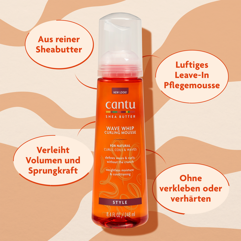 Cantu Wave Whip Curling Mousse - 248ml und Schrift in ovalen Kreisen auf gemustertem Grund