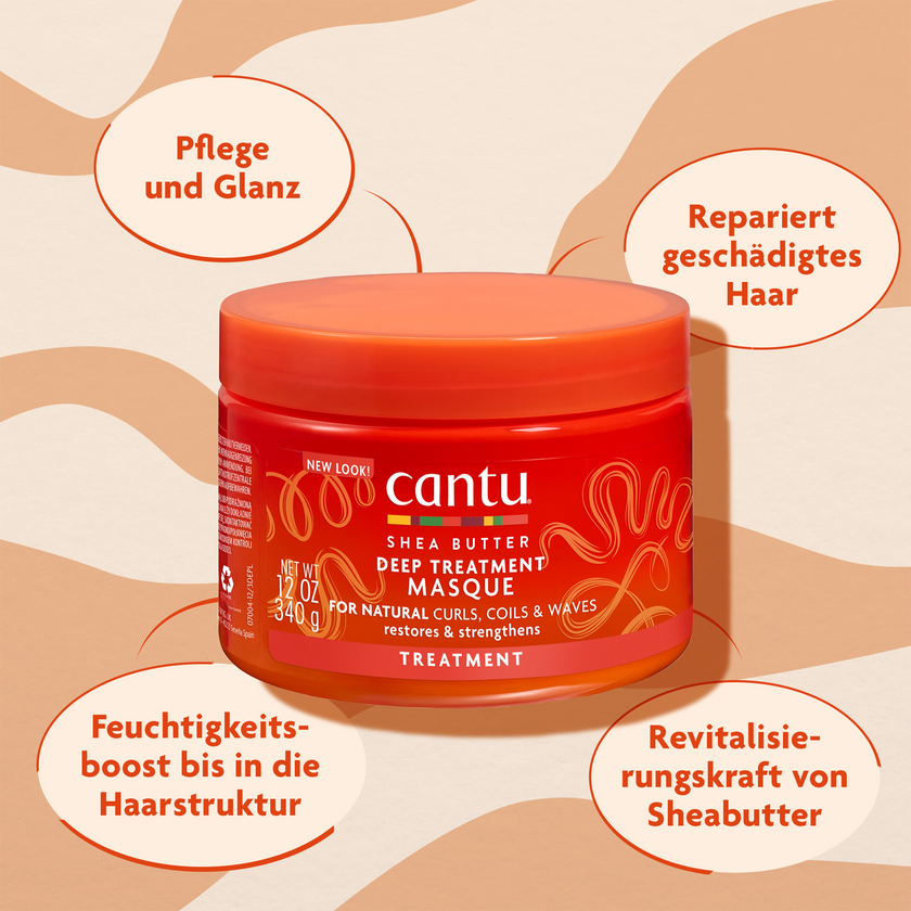 Cantu Deep Treatment Masque - 340g und Schrift in ovalen Kreisen auf gemustertem Grund