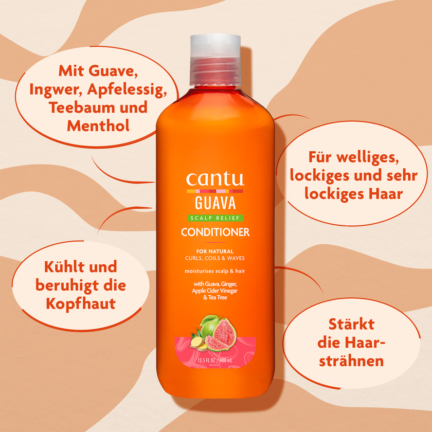 Cantu Guave Kopfhautpflege Conditioner - 400ml und Schrift in ovalen Kreisen auf gemustertem Grund