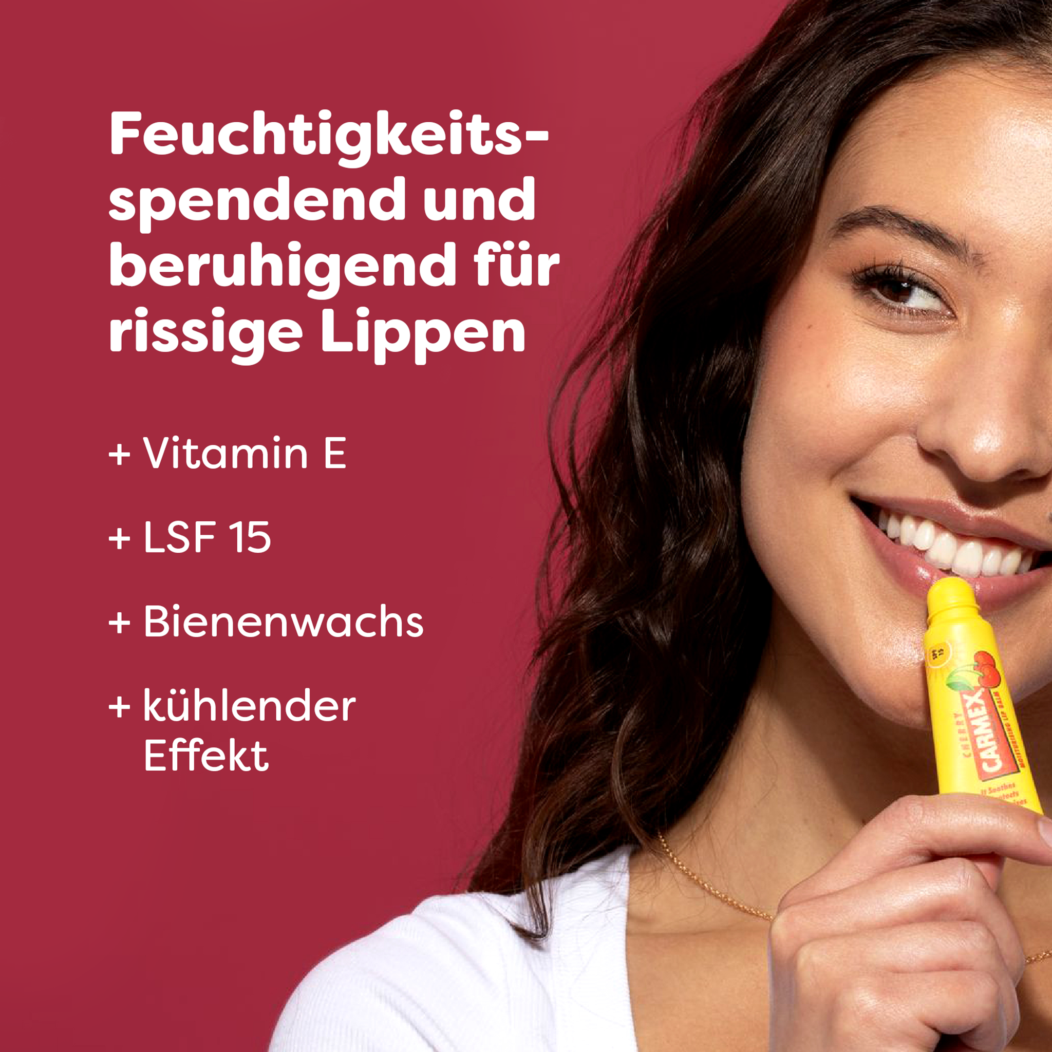 Merkmale von Carmex Cherry und Frau die Carmex Cherry aufträgt