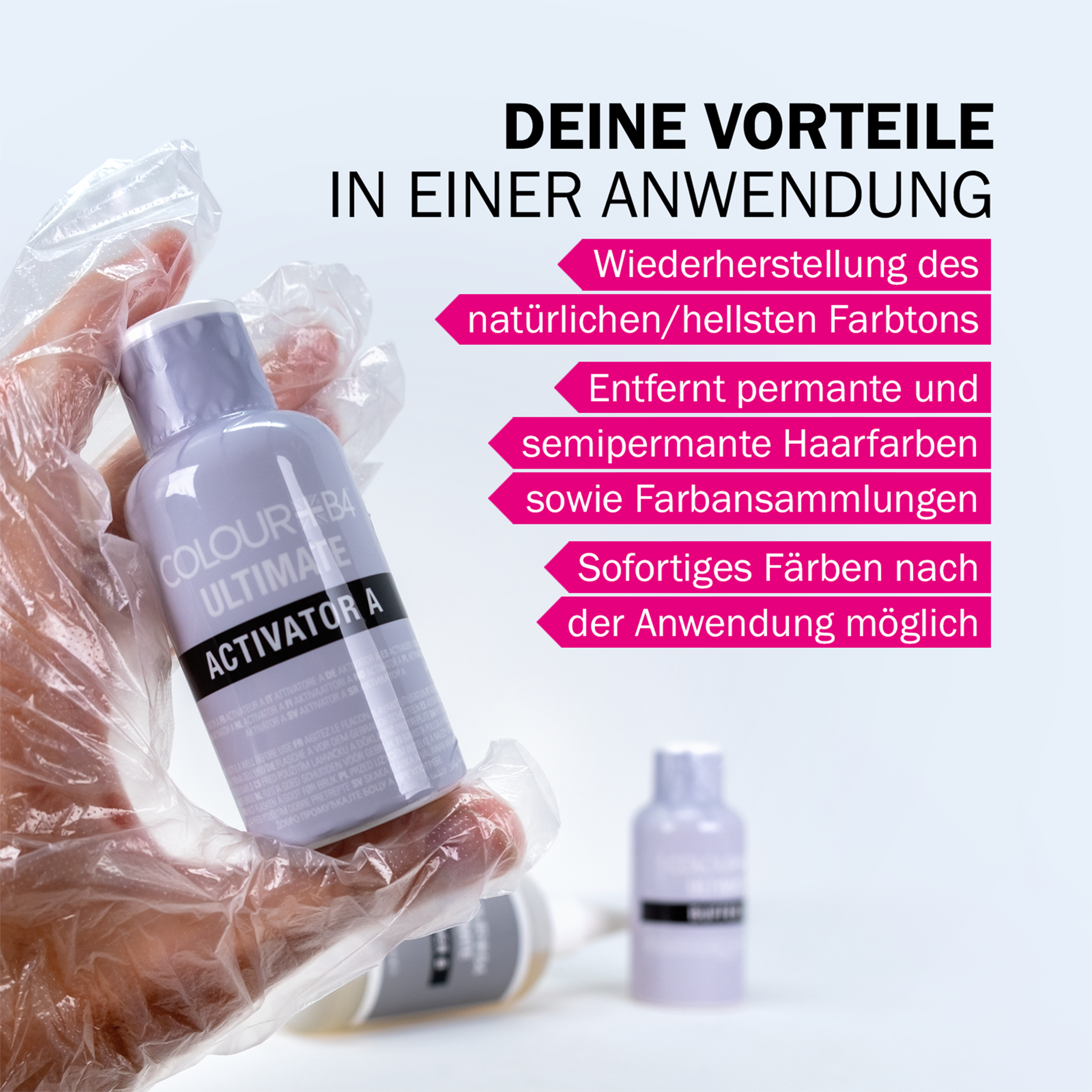 Hand in Handschuh schüttelt Flasche von Colour B4 Ultimate Haarfarben-Entferner und Schrift