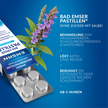 EMSAN Bad Emser Pastillen ohne Zucker mit Salbei geöffnet mit Blister auf blauem Grund und Schrift