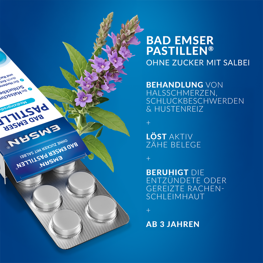 EMSAN Bad Emser Pastillen ohne Zucker mit Salbei geöffnet mit Blister auf blauem Grund und Schrift