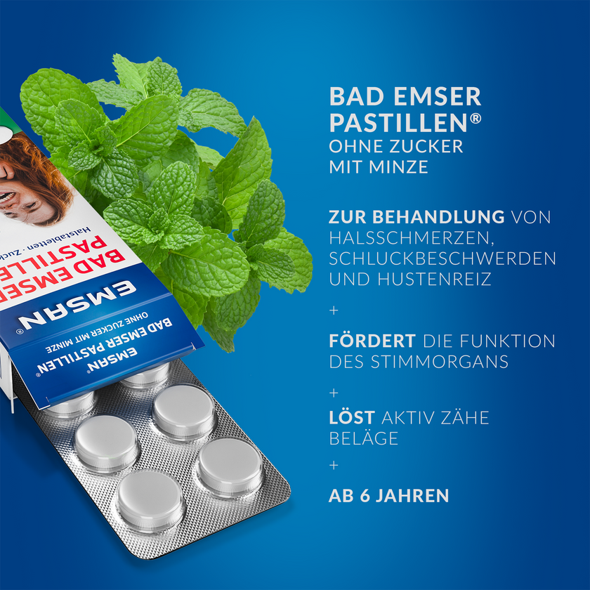 EMSAN Bad Emser Pastillen ohne Zucker Minze,  geöffnet mit Blister und Minzblättern auf blauem Grund und Schrift