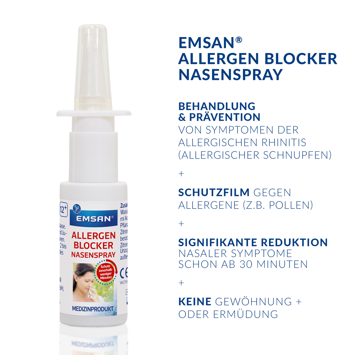 EMSAN Allergenblocker Nasenspray auf weißem Grund mit Schrift