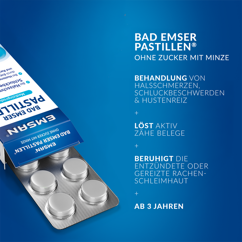 EMSAN Bad Emser Pastillen ohne Zucker Minze geöffnet mit Blister auf blauem Grund und Schrift