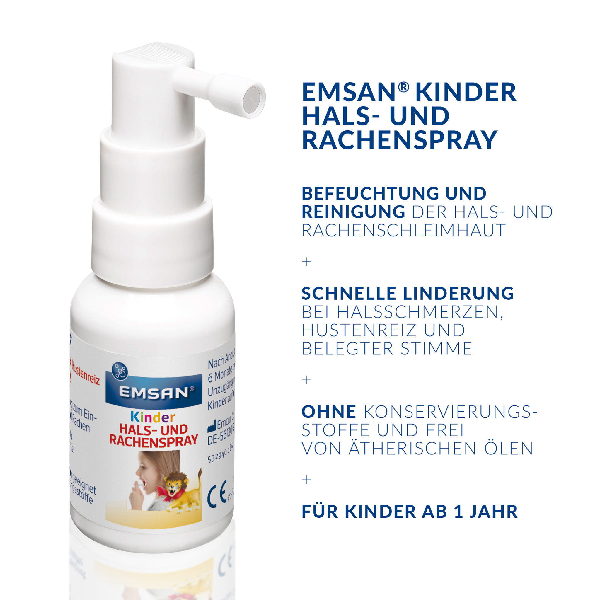 EMSAN Kinder Hals- und Rachenspray auf weißem Grund mit Schrift