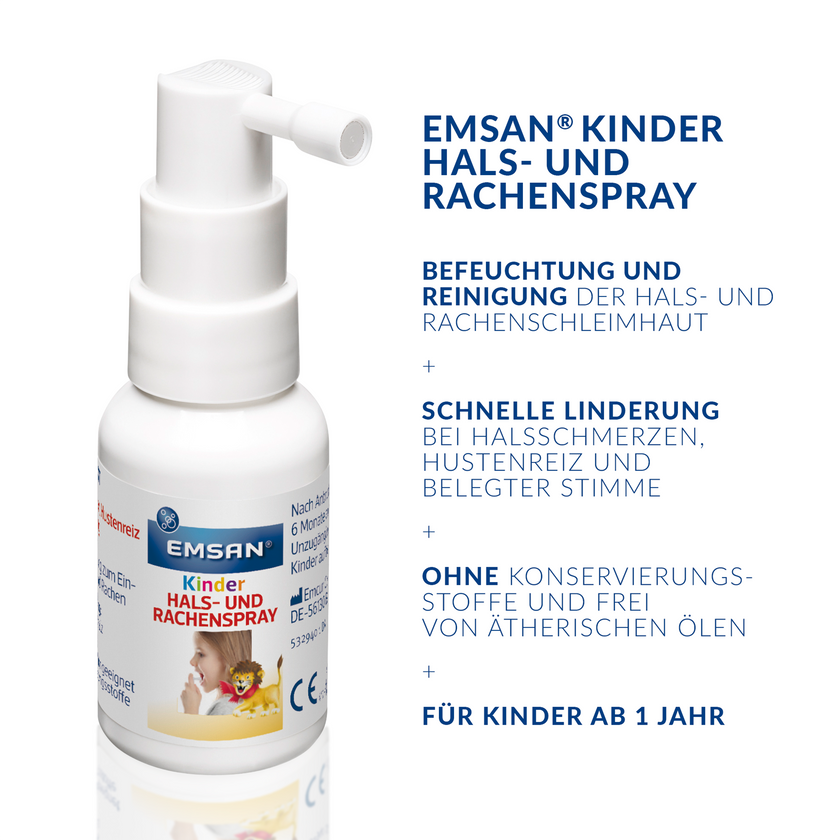 EMSAN Kinder Hals- und Rachenspray auf weißem Grund mit Schrift