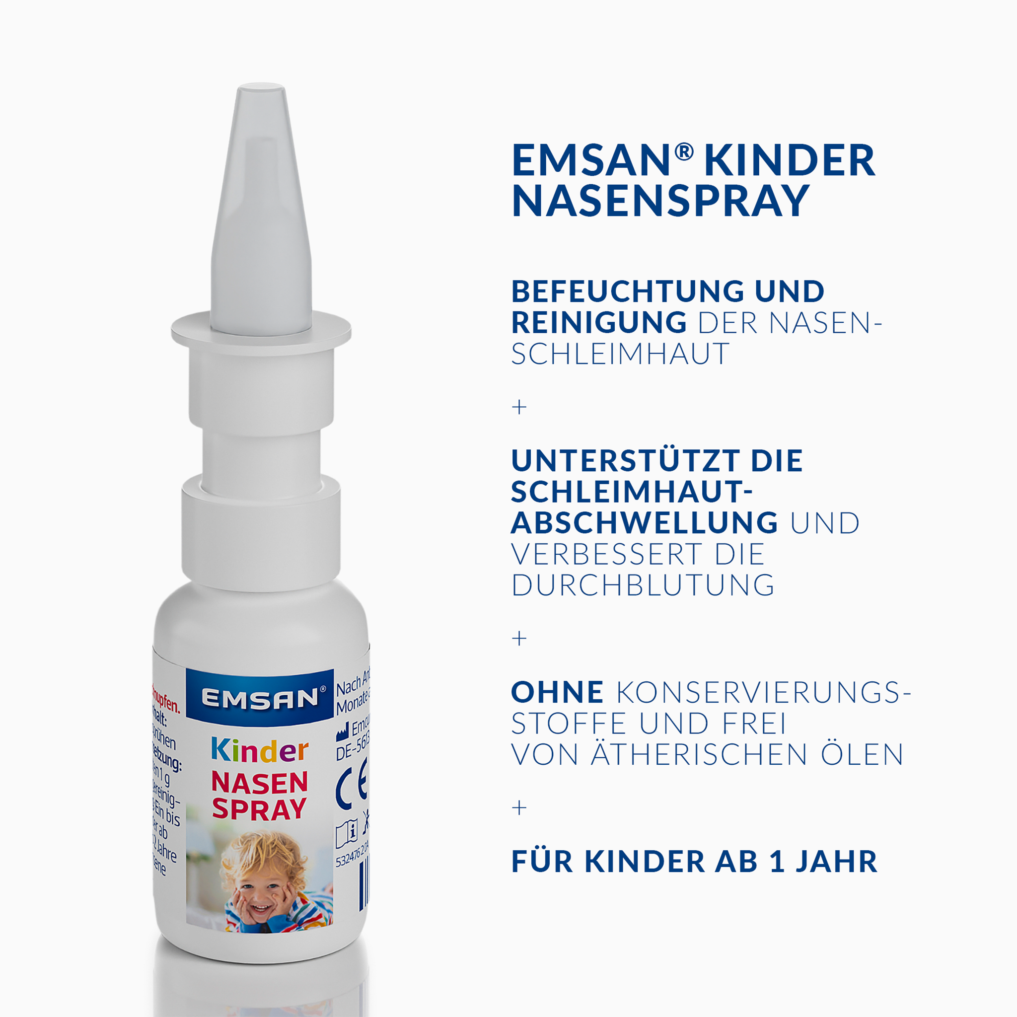 EMSAN® Kindernasenspray und Schrift auf weißem Grund