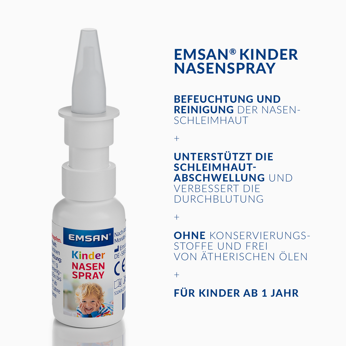 EMSAN® Kindernasenspray und Schrift auf weißem Grund
