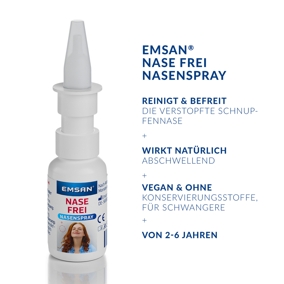 EMSAN® Nase frei Nasenspray auf weißem Grund und Schrift