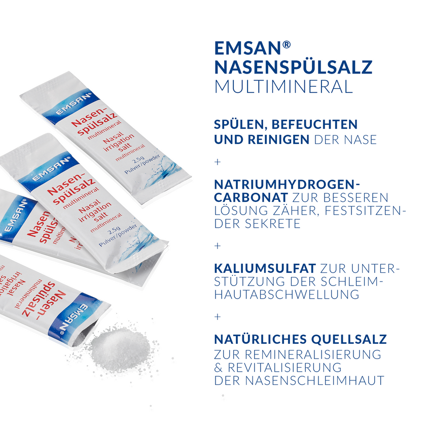 EMSAN Nasenspülsalz multimineral Tütchen, eine davon aufgerissen und Nasenspülsalz auf weißem Grund mit Schrift