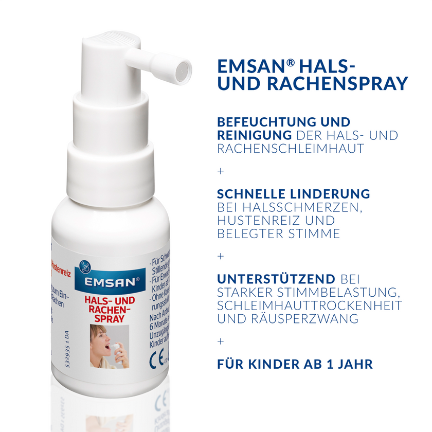 EMSAN Hals- und Rachenspray auf weißem Grund mit Schrift