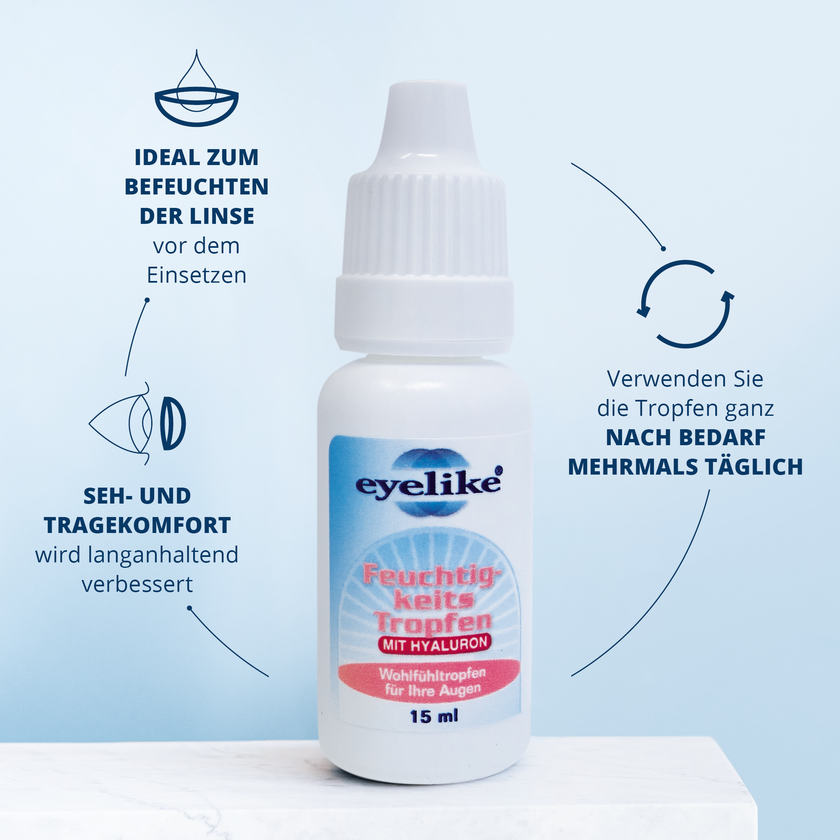 eyelike Feuchtigkeitstropfen - 15 ml Flasche auf Tisch mit Schrift im Kreis drumherum und Icons