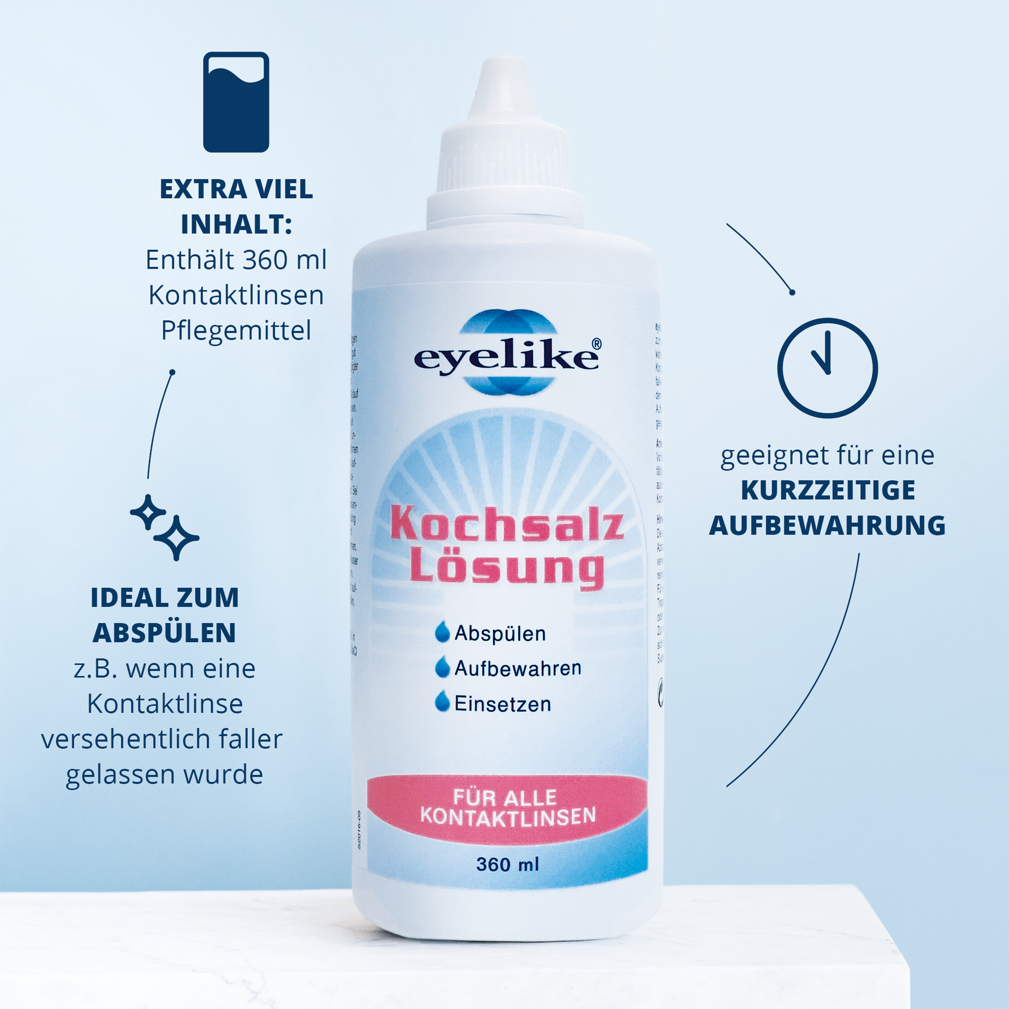 eyelike Kochsalz Lösung - 360 ml Flasche auf Tisch mit Schrift im Kreis drumherum und Icons
