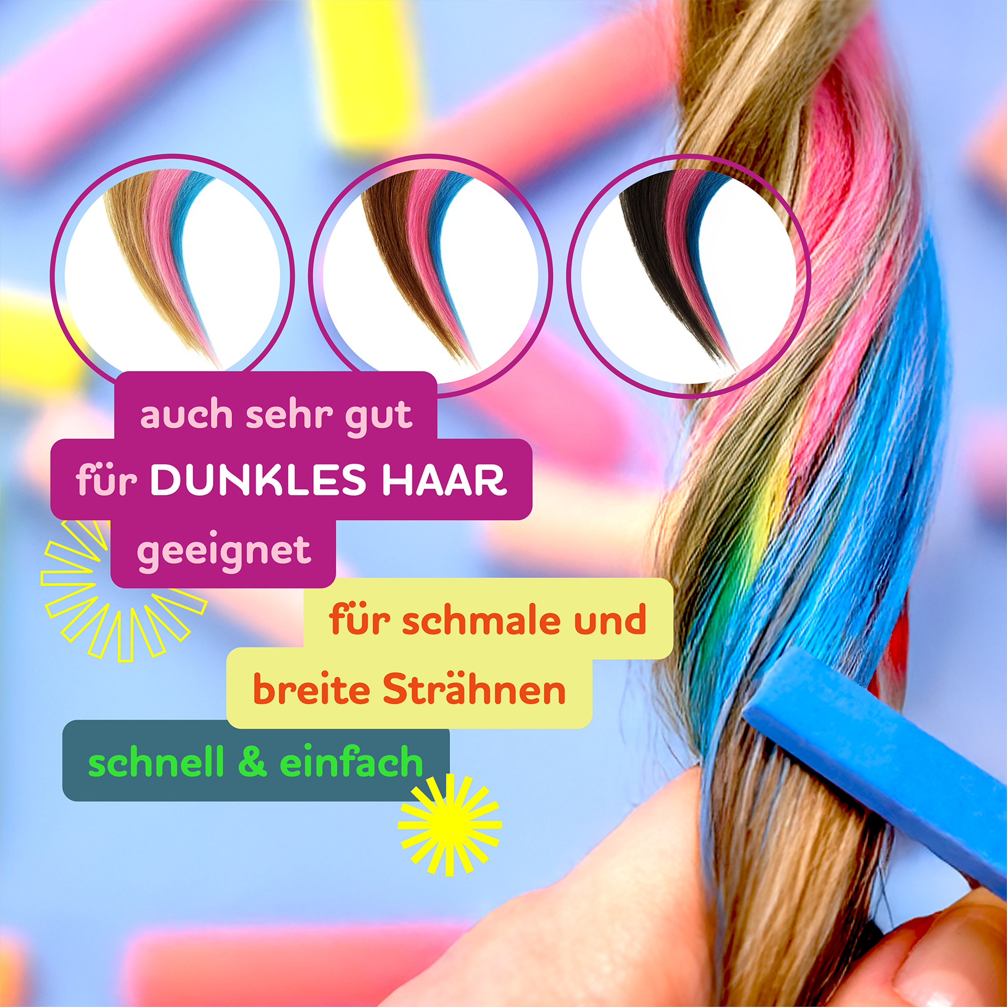 Haarkreide die bunte Haarsträhne anmalt und drei Bilder von verschieden farbigen Haarsträhnen und Schrift auf Balken