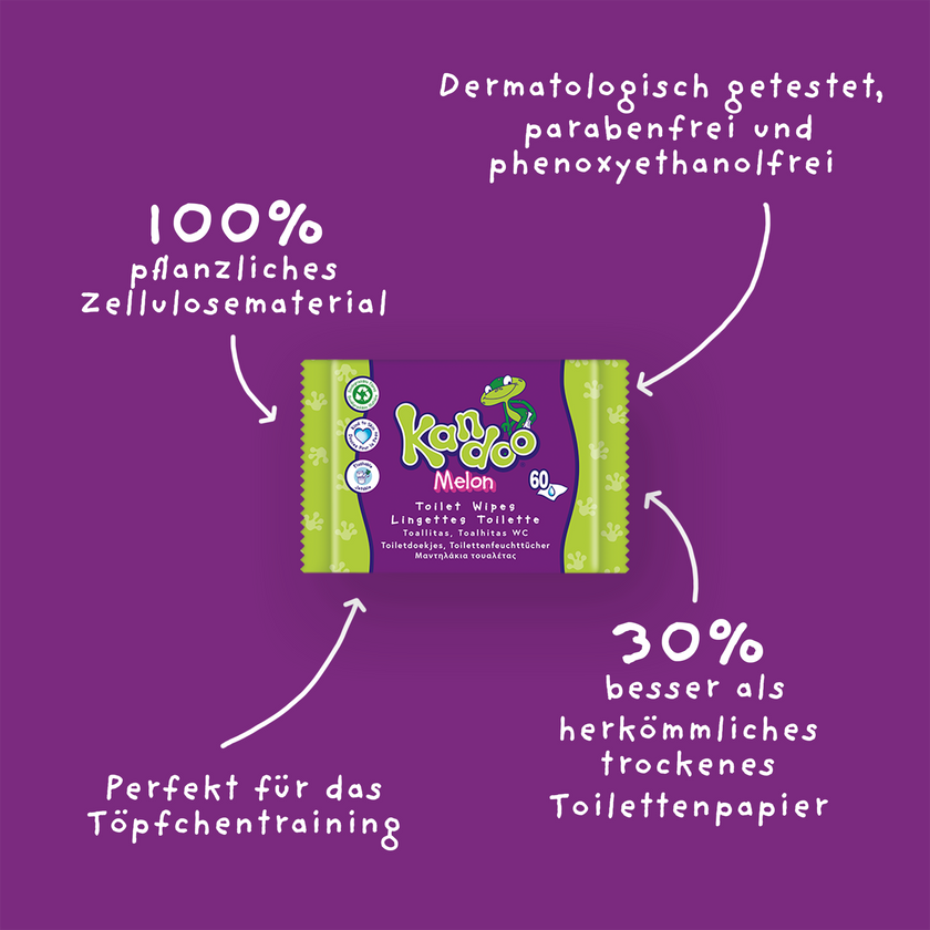 Kandoo Melon Feuchttücher Melone auf lila Grund und Schrift