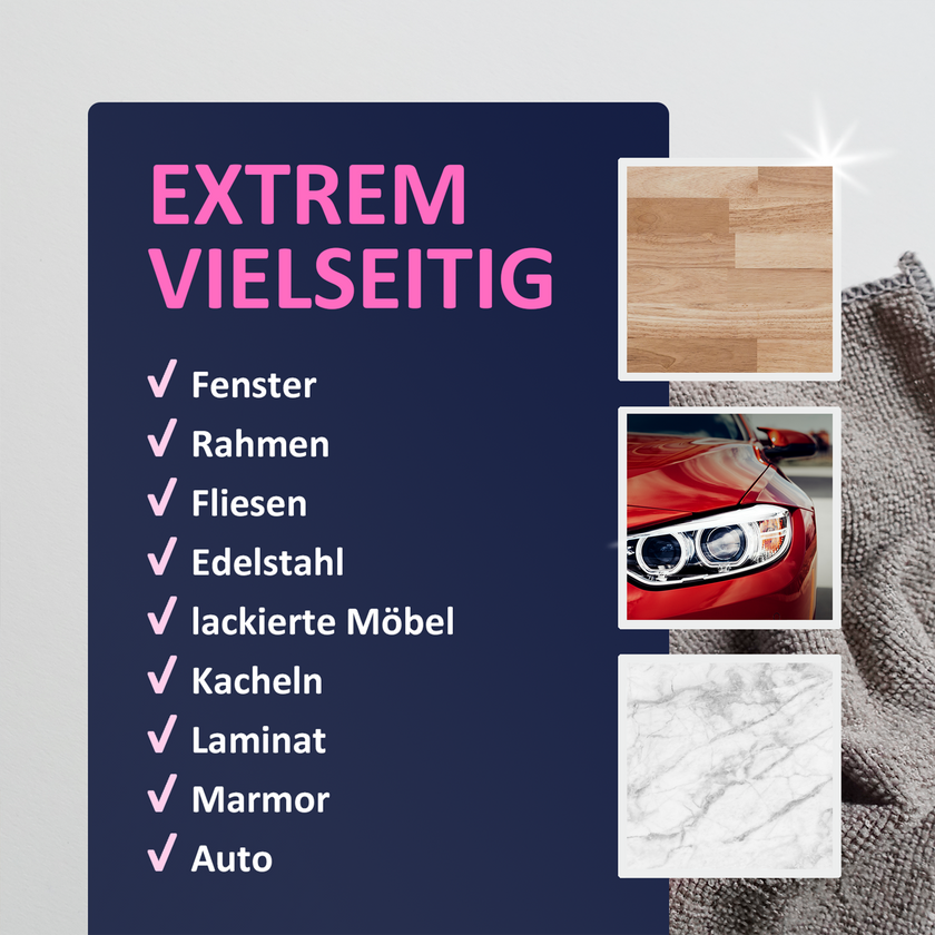 Bild von Laminat, Autolack und Marmor neben Fläche mit Text und Lappen im Hintergrund