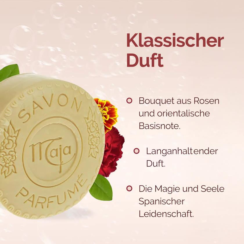 Merkmale von Maja Seife Classic und ausgepackte Seite auf lachsfarbenem Hintergrund