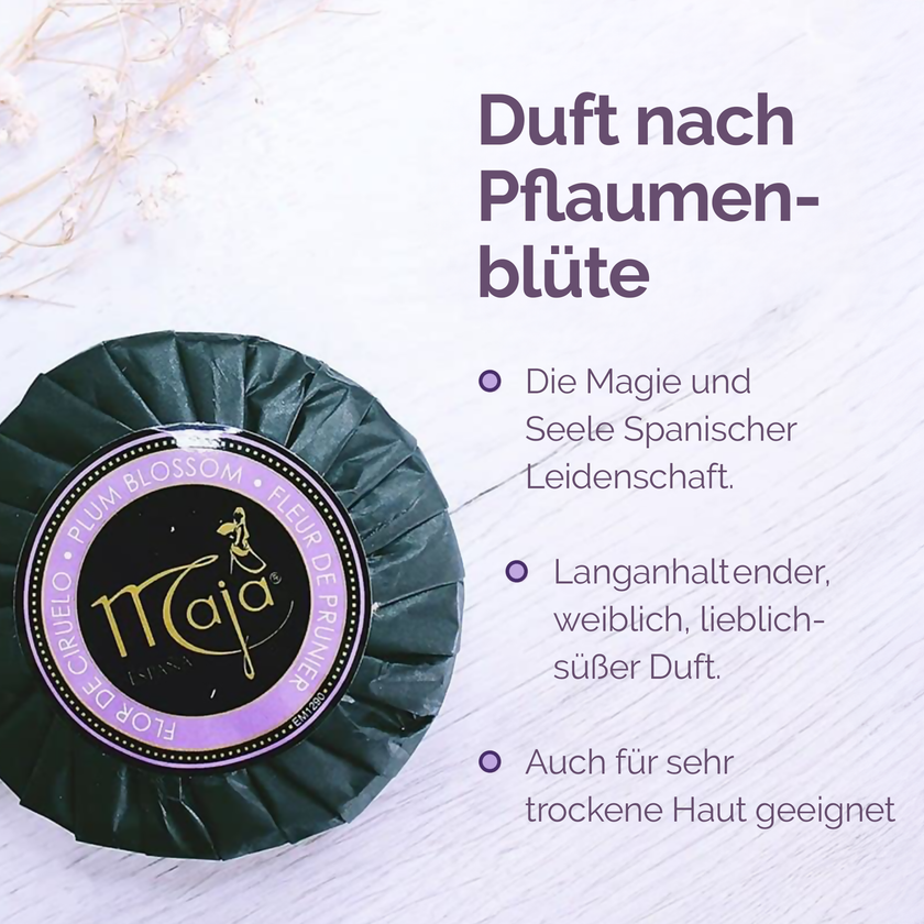 Merkmale von Maja Seife Pflaumenblüte - 3x100g und Maja Seife Pflaumenblüte auf fliederfarbenem Grund