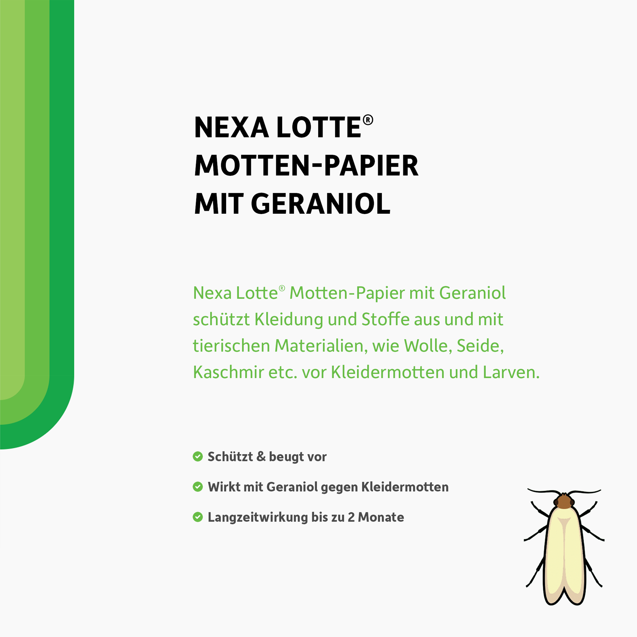 Schrift und Illustration einer Motte auf weißem Grund