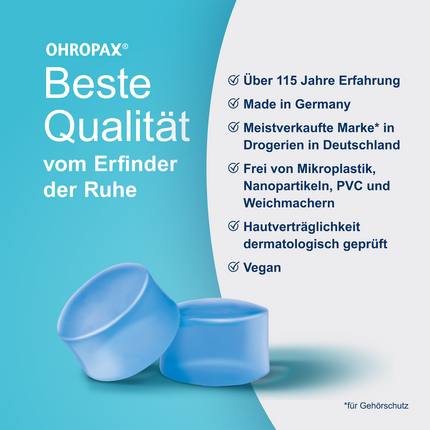 OHROPAX Aqua Ohrstöpsel auf türkisem Grund und Schrift auf grauem Grund