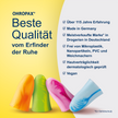 OHROPAX Color Ohrstöpsel auf gelbem und grauem Hintergrund mit Schrift