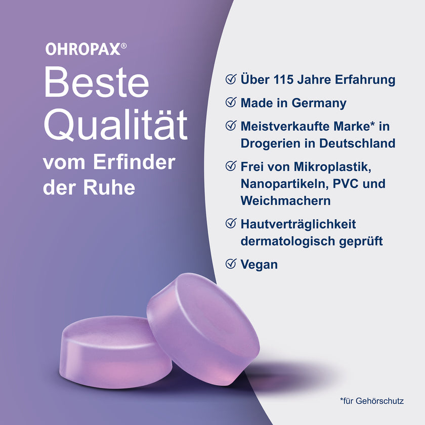 OHROPAX Good Night Ohrstöpsel auf zweifarbigem Hintergrund mit Schrift
