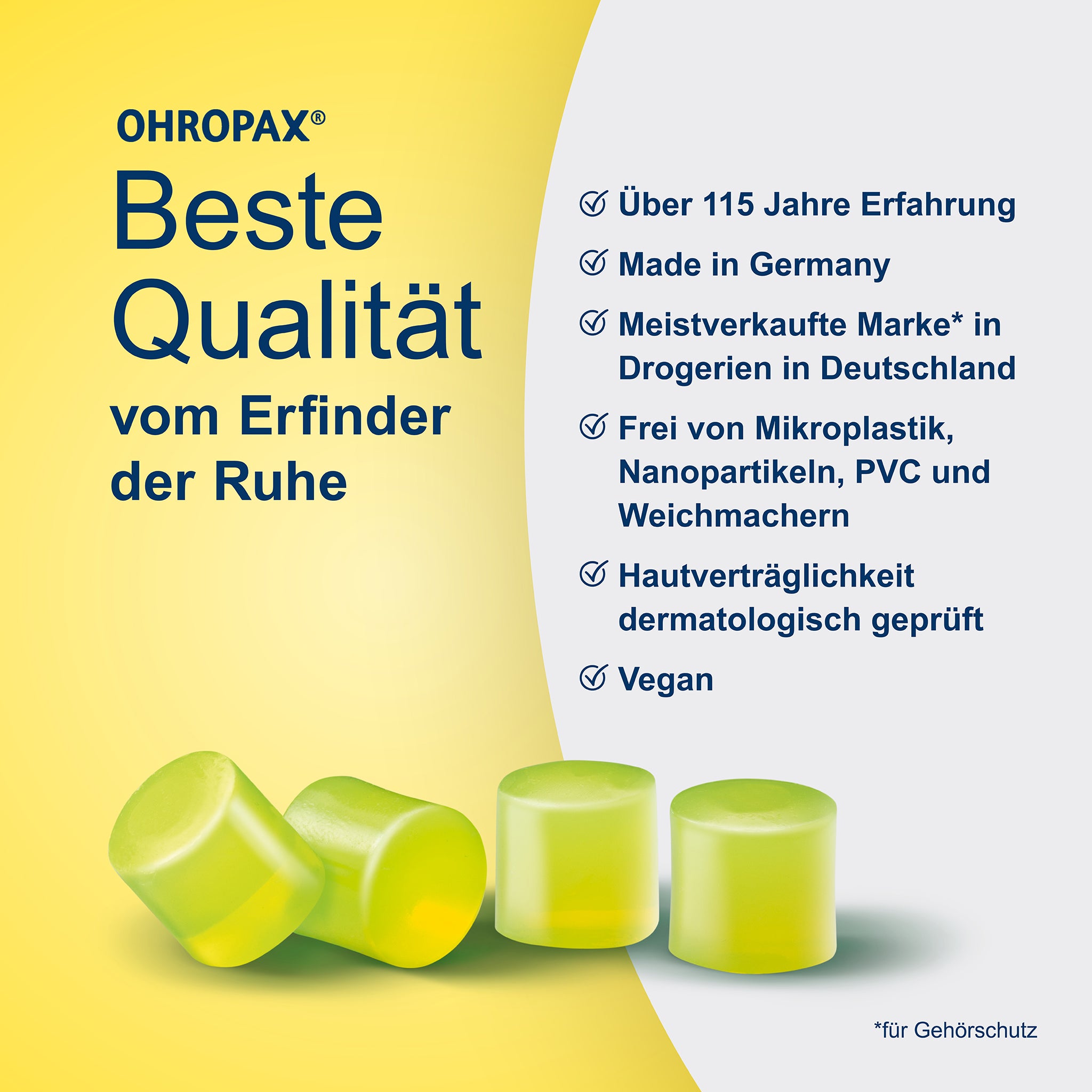 OHROPAX Kids Ohrstöpsel auf gelbem Grund und Schrift auf grauem Grund
