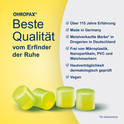 OHROPAX Kids Ohrstöpsel auf gelbem Grund und Schrift auf grauem Grund