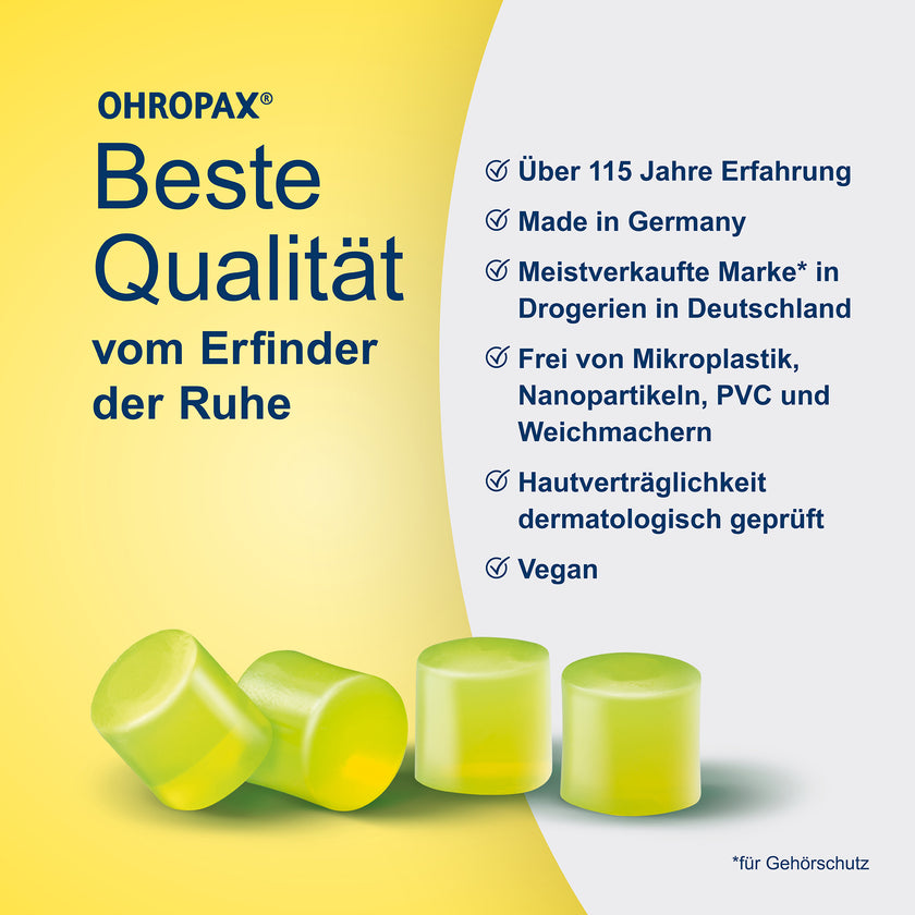 OHROPAX Kids Ohrstöpsel auf gelbem Grund und Schrift auf grauem Grund