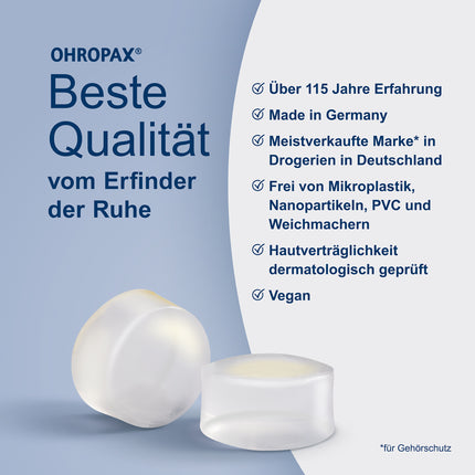 OHROPAX Clear Ohrstöpsel auf blauem Grund und Schrift auf grauem Grund
