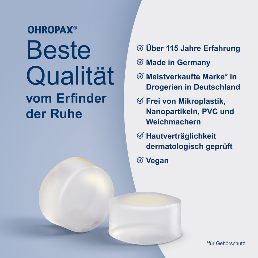 OHROPAX Clear Ohrstöpsel auf blauem Grund und Schrift auf grauem Grund
