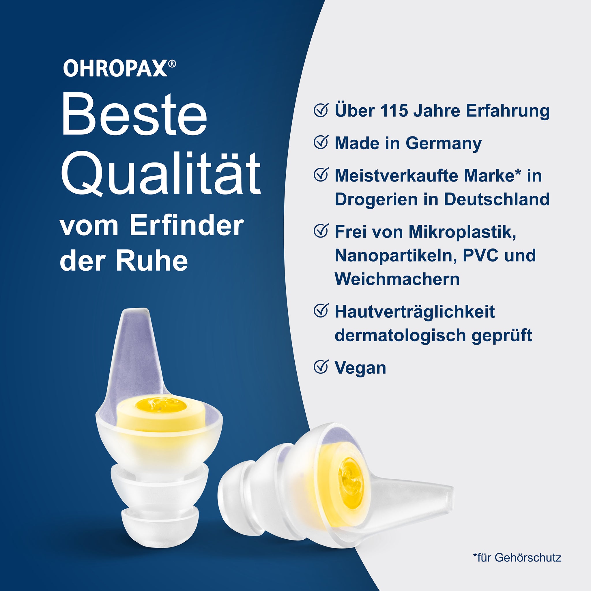 OHROPAX Music Ohrstöpsel auf blauem Grund und Schrift auf grauem Grund