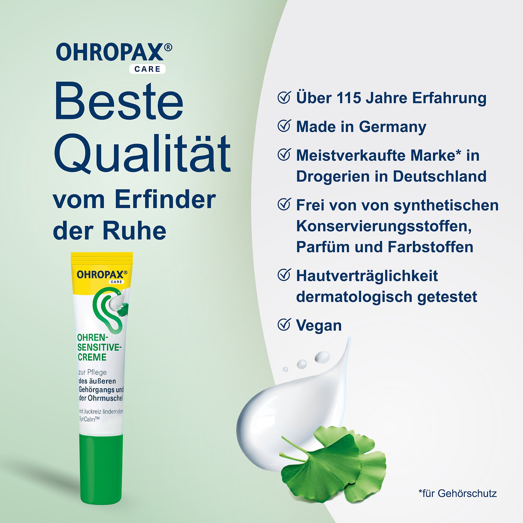 OHROPAX Ohren-Sensitive-Creme Tube auf grünem Grund, Cremeklecks, Pflanzen und Schrift