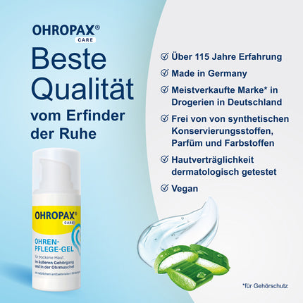 OHROPAX Ohren-Pflege-Gel Pumpspender auf blauem Grund mit Gelklecks und Pflanze und Schrift auf grauem Grund