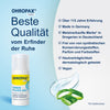 OHROPAX Ohren-Pflege-Gel Pumpspender auf blauem Grund mit Gelklecks und Pflanze und Schrift auf grauem Grund