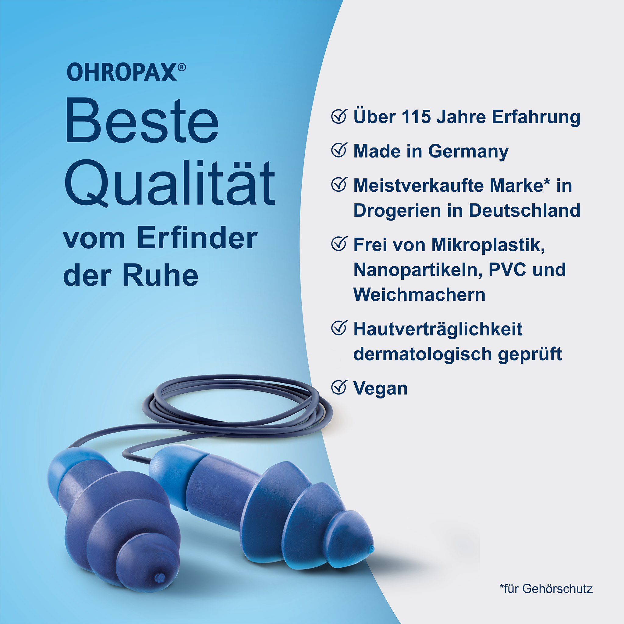 OHROPAX Profi Ohrstöpsel auf blauem Grund und Schrift auf grauem Grund