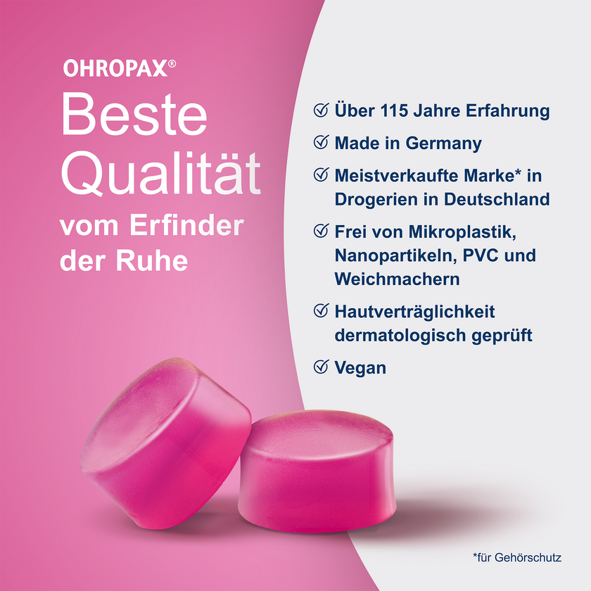 OHROPAX Silence Ohrstöpsel auf pinkem Grund und Schrift auf grauem Grund