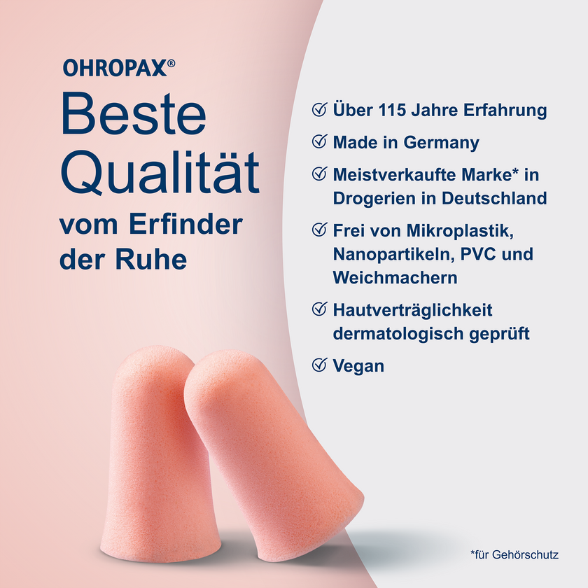 OHROPAX Soft Ohrstöpsel auf rosafarbenen Grund und Schrift auf grauem Grund