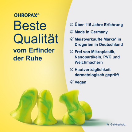 OHROPAX Young Ohrstöpsel auf gelbem Grund und Schrift auf grauem Grund