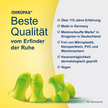 OHROPAX Young Ohrstöpsel auf gelbem Grund und Schrift auf grauem Grund