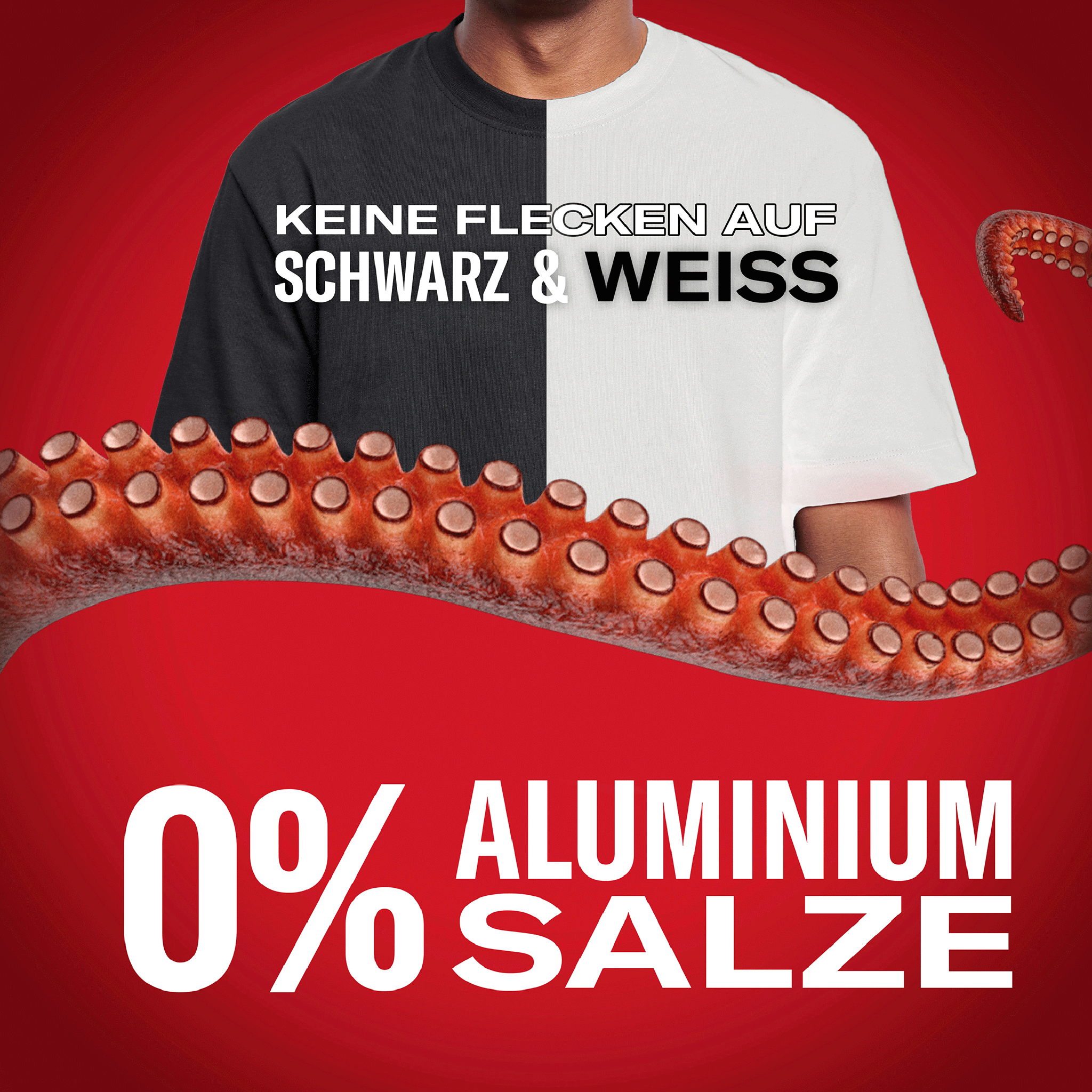 Schwarzweißes T-Shirt auf roten Grund, ein Tentakel und Schrift